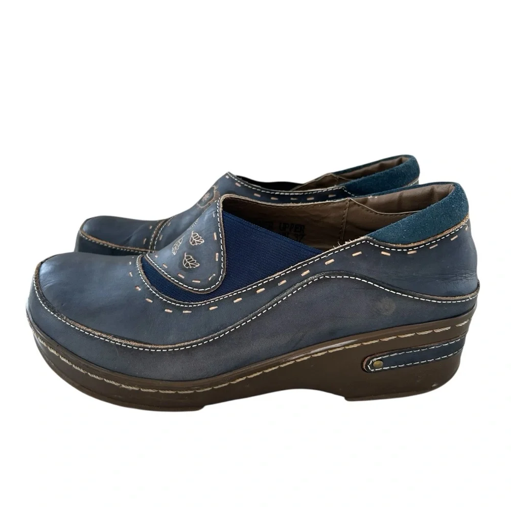 SPRING STEP L’Artiste Burbank Navy Blue Leather Clogs 37 Extra Narrow Width - Picture 1 of 13